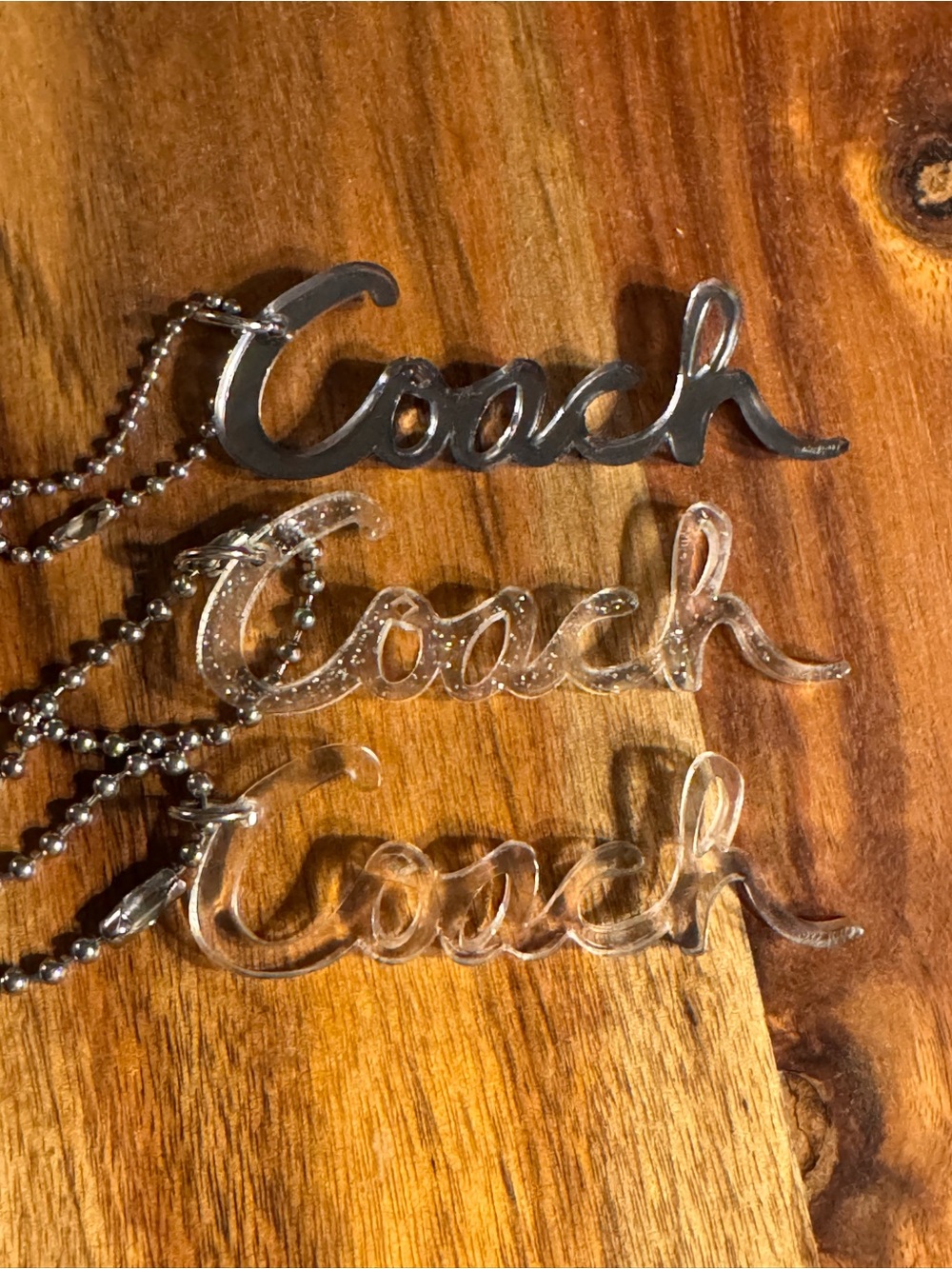 Coach Script Logo Keychains - Clear Acrylic and Silver Tone - set of 3